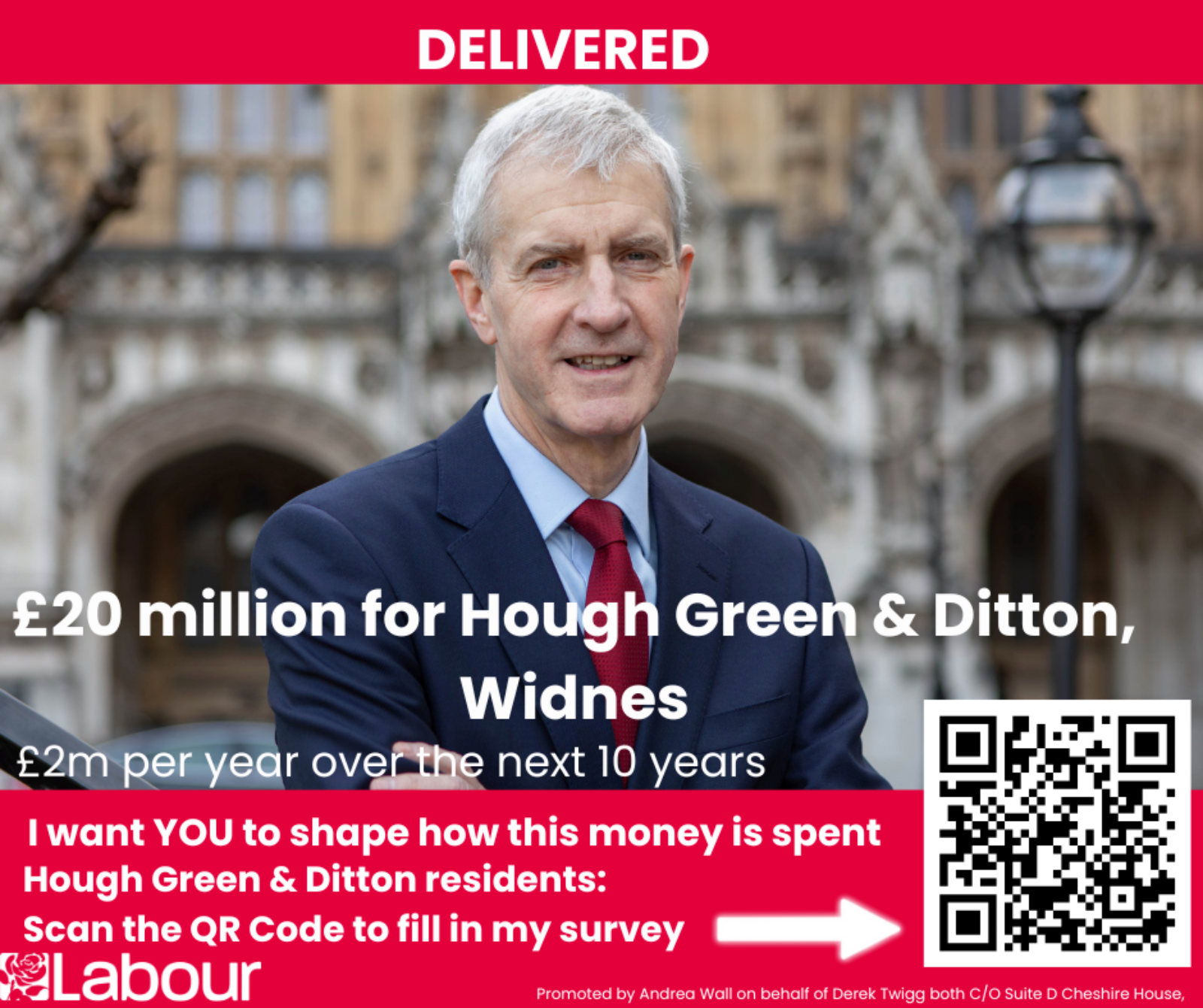 Photo of Derek Twigg MP with QR Code linking to survey